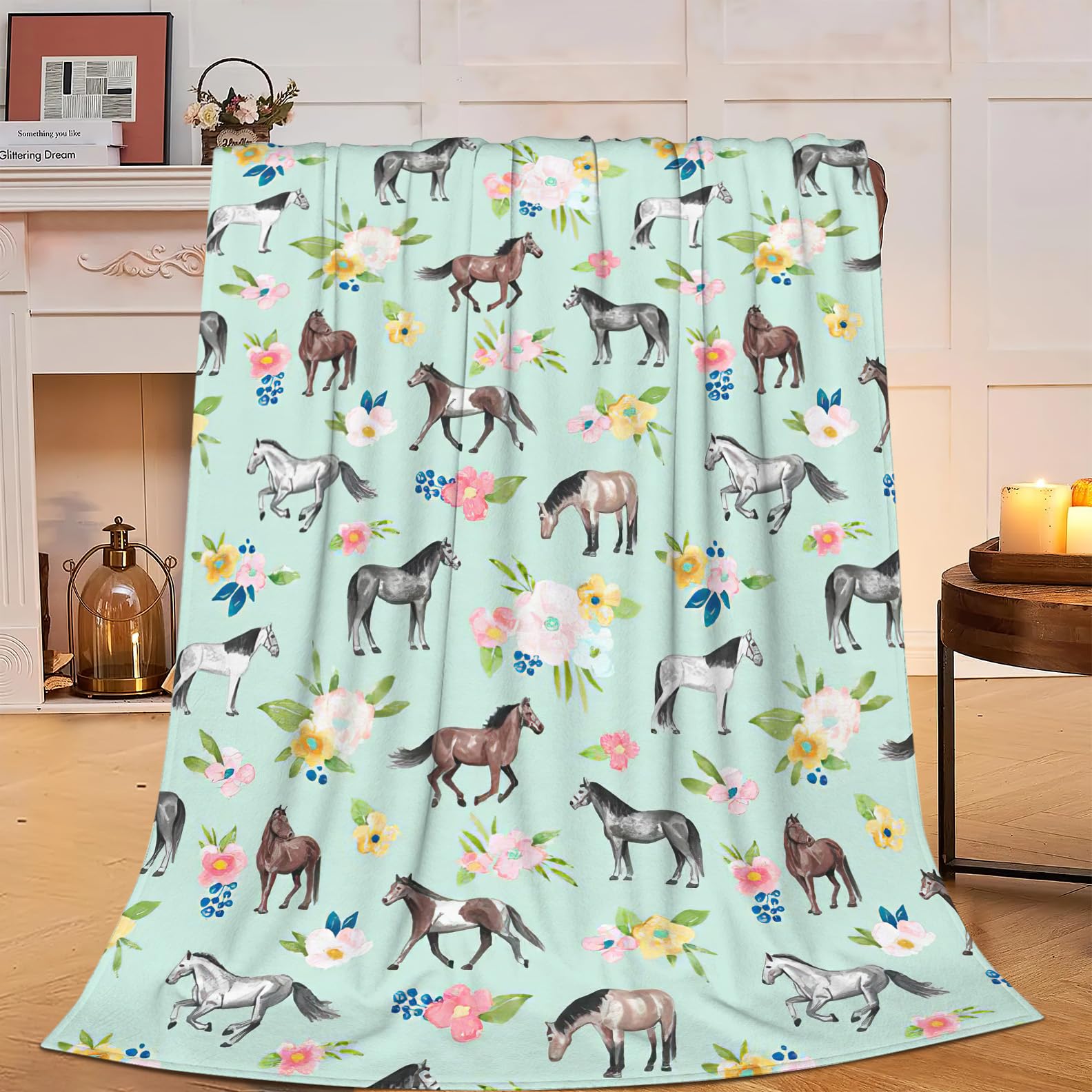 Horse Throw Blanket Super Soft Warm Floral Horse Blanket For Girls Kids, Cozy Plush Fleece Farm Stuffed Animal Horse Gifts Beddi